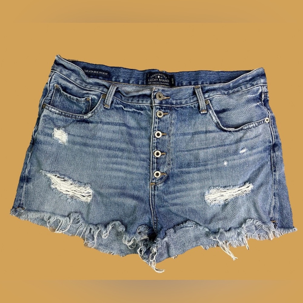 Lucky Brand Women's Distressed Blue Jean Shorts The High Rise Shortie Size 14/32